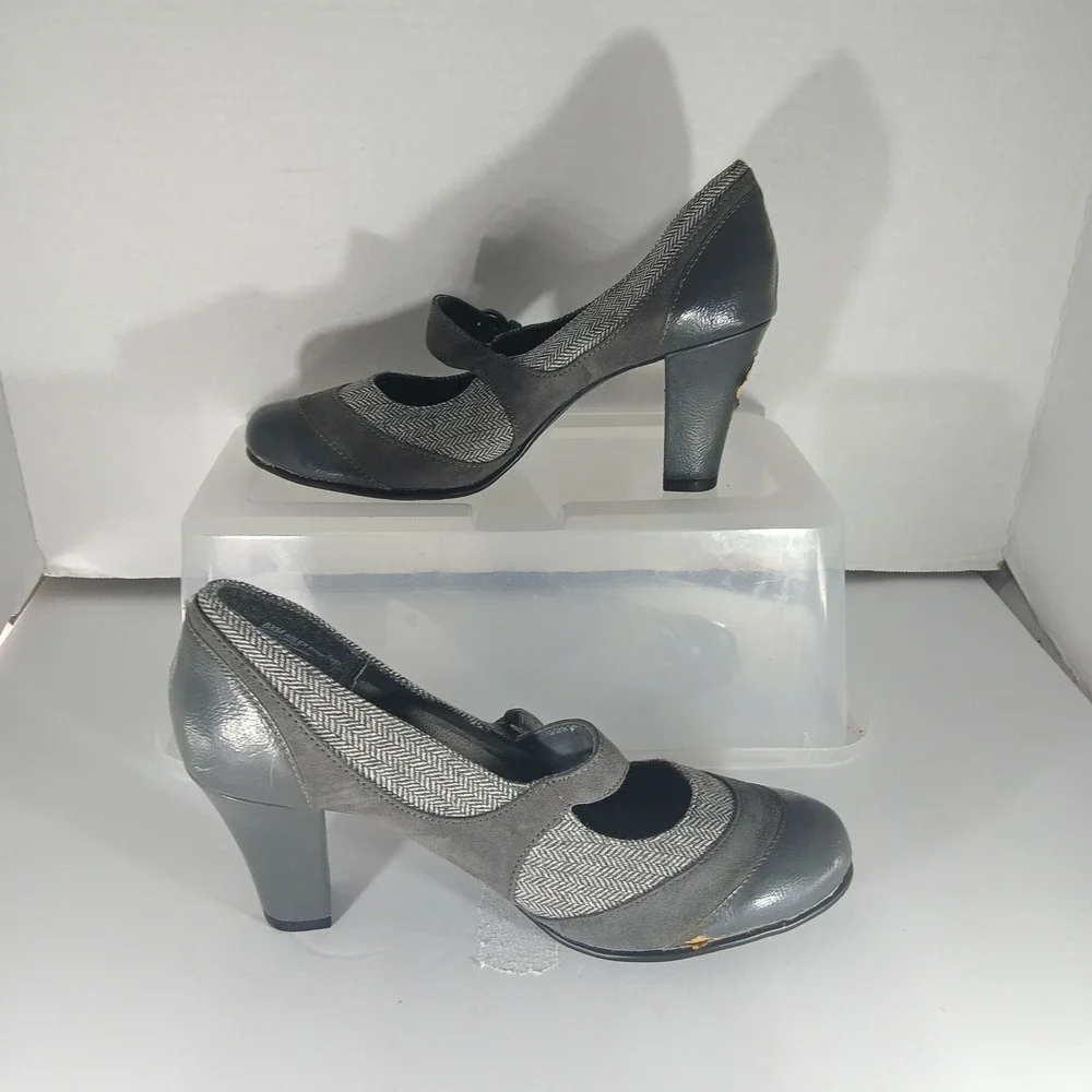 Aerosoles Roller‎ Rink Mary Jane Heels 8.5 Grey Herringbone Dark Academia Pump